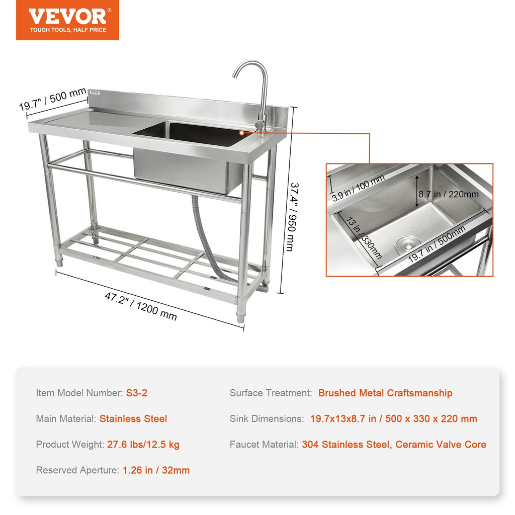 Fregadero de acero inoxidable VEVOR 1 compartimento con grifo de banco de trabajo y patas 47,2 x 19,7 x 37,4 pulgadas
