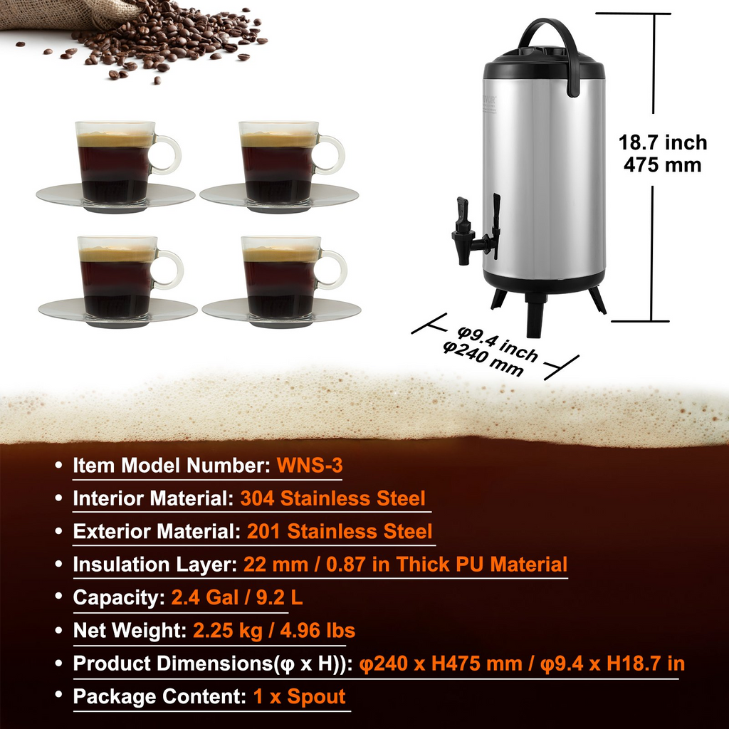 Dispensador de bebidas aislado de acero inoxidable VEVOR 2,4 galones (9,2 litros)