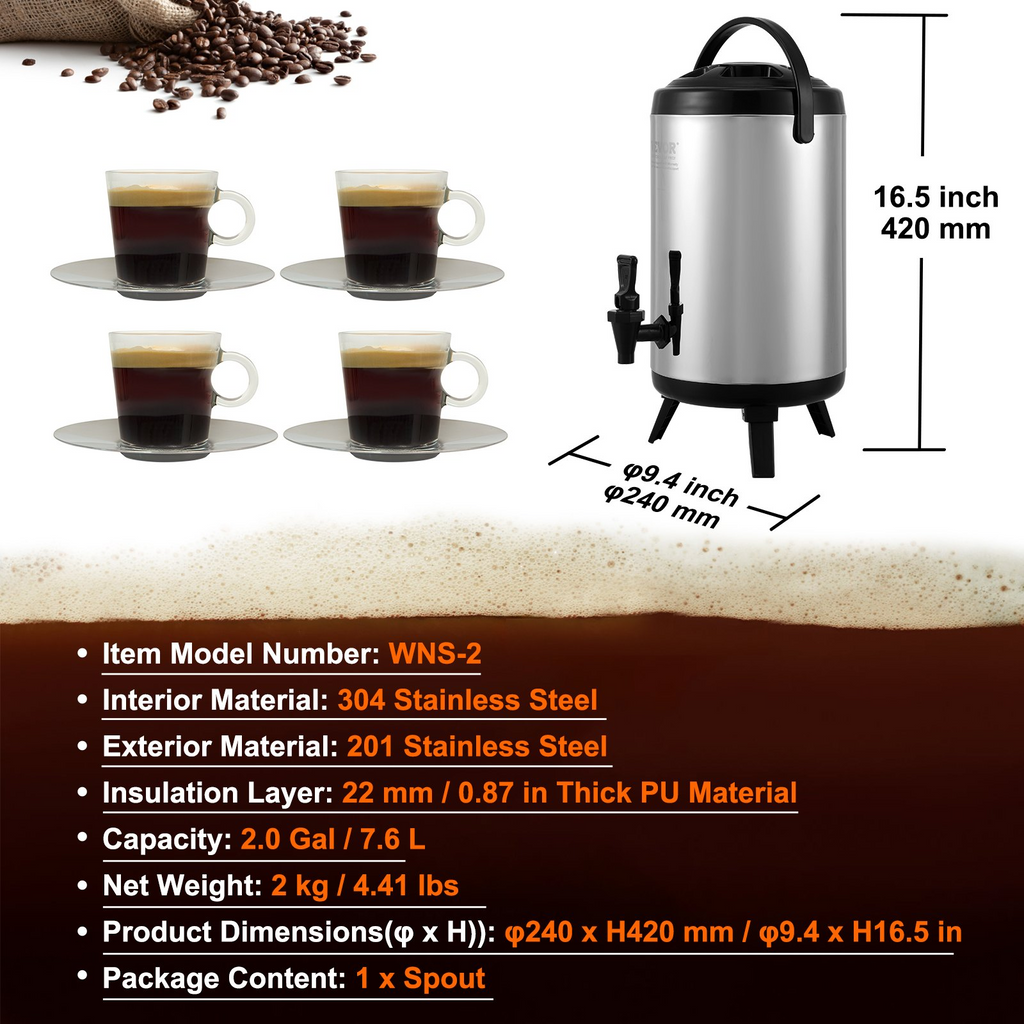 Dispensador de bebidas aislado de acero inoxidable VEVOR 2 galones (7,6 litros)