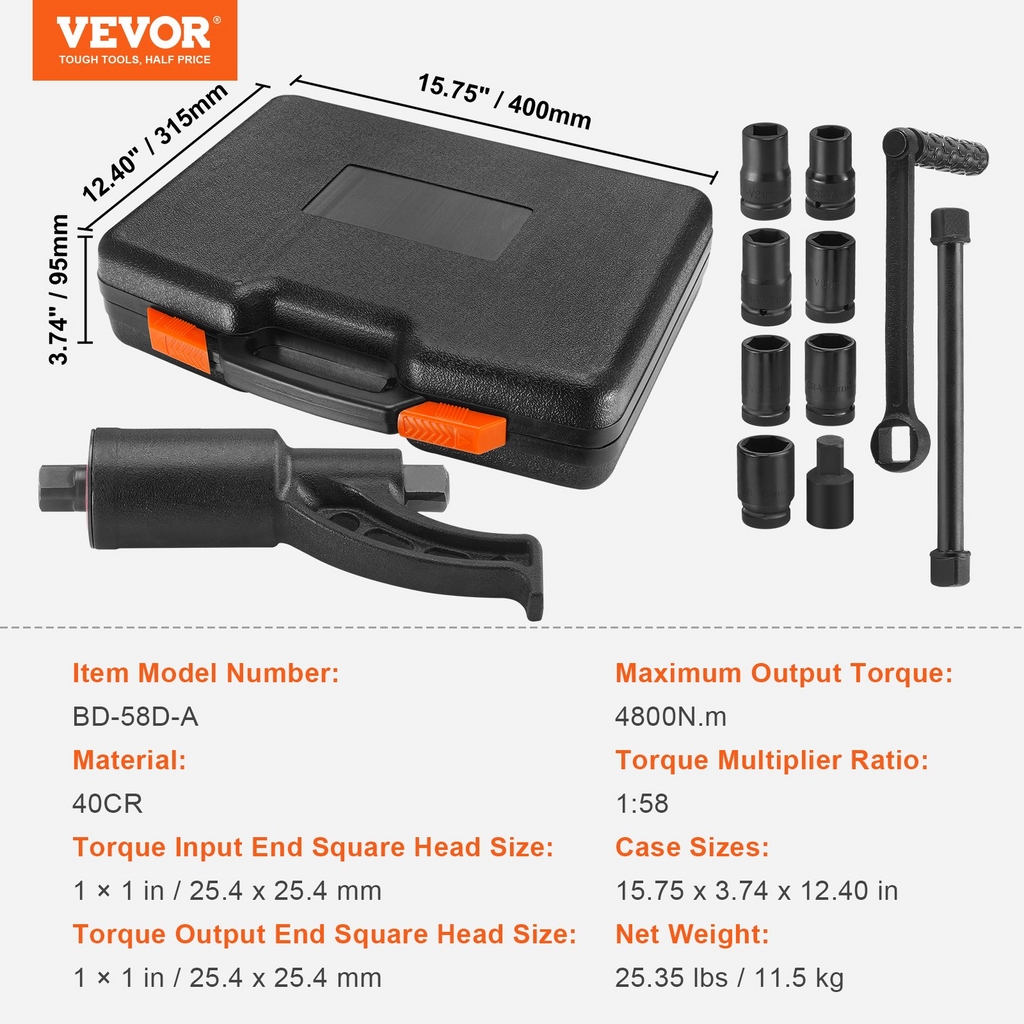 Multiplicador de torsión llave para tuercas de rueda de 1 pulgada extractor de tuercas de rueda de 4800 N.m 1:58 incluye 8 dados (24-38 mm)