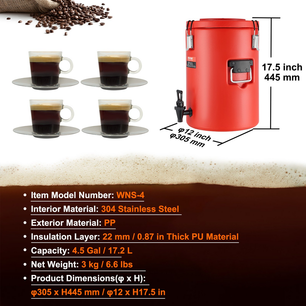 Dispensador de bebidas aislado de acero inoxidable VEVOR 4,5 galones (17,2 litros)