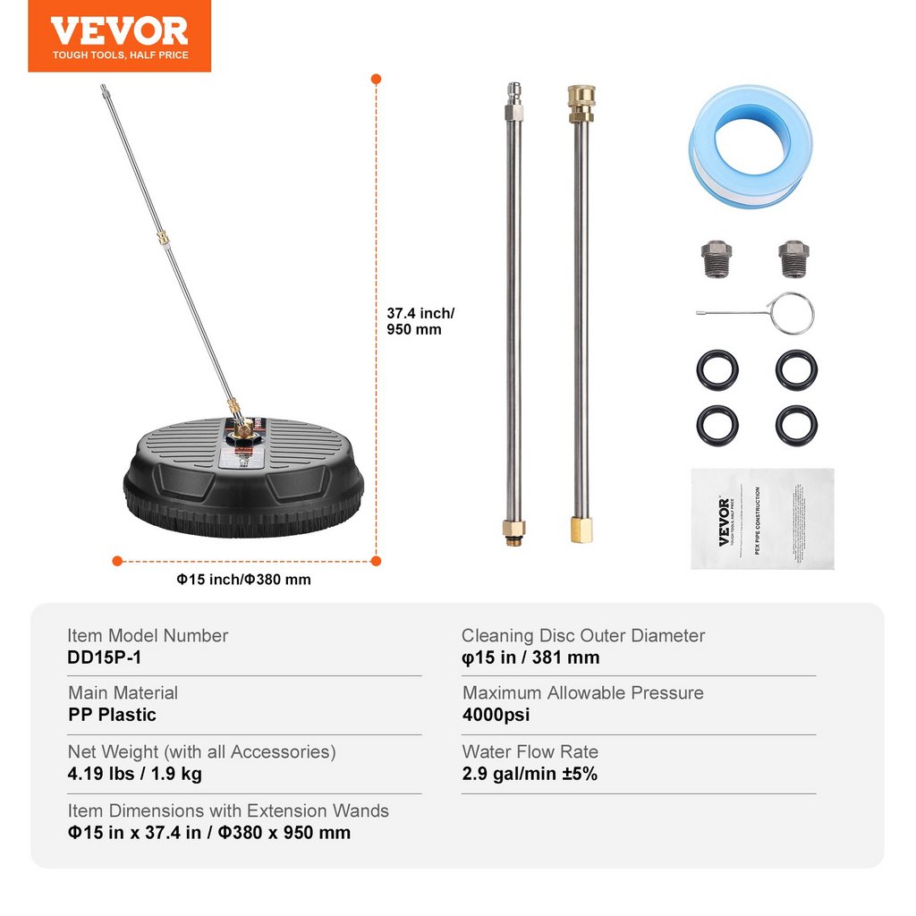 Limpiador de superficies con hidrolavadora VEVOR universal de 15" de 4000 PSI máx