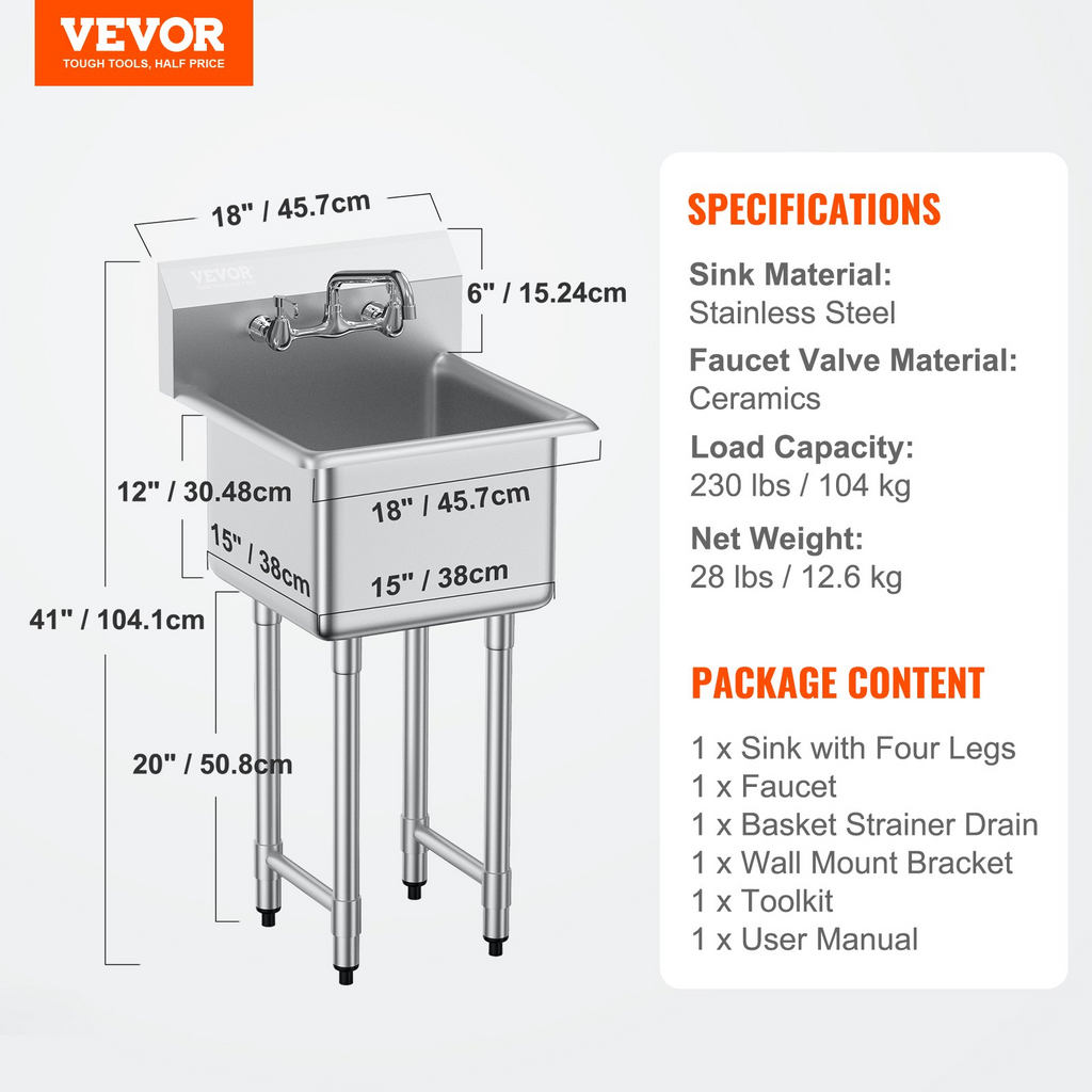 Fregadero de acero inoxidable VEVOR para uso general y preparación de un solo tazón de 18" x 41"