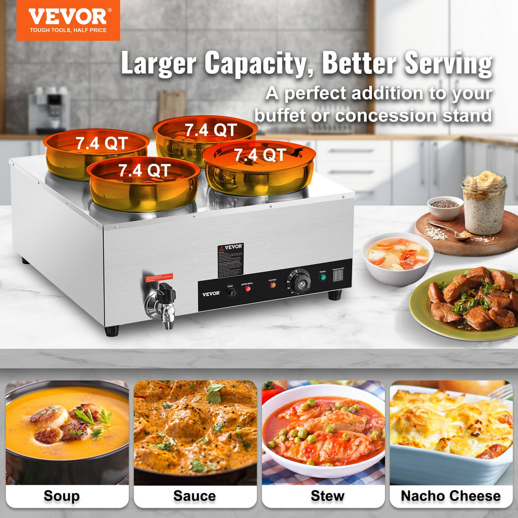 Calentador de sopa eléctrico VEVOR cuatro ollas redondas de acero inoxidable de 7,4 cuartos de galón temperatura ajustable de 86 a 185 °F de 1500 W