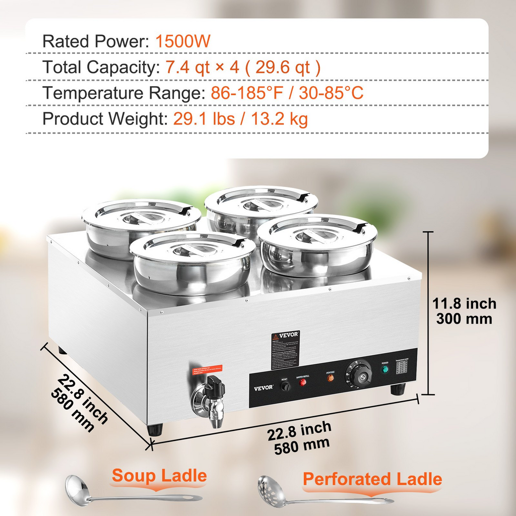 Calentador de sopa eléctrico VEVOR cuatro ollas redondas de acero inoxidable de 7,4 cuartos de galón temperatura ajustable de 86 a 185 °F de 1500 W