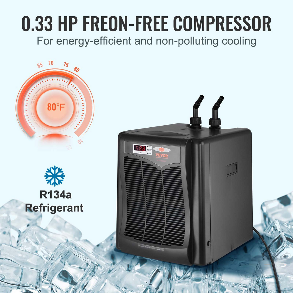 Enfriador de acuario VEVOR 110 galones 416 L hidropónico de 1/3 HP compresor de refrigeración silencioso para agua de mar y agua dulce