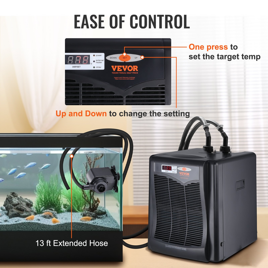 Enfriador de acuario VEVOR 110 galones 416 L hidropónico de 1/3 HP compresor de refrigeración silencioso para agua de mar y agua dulce