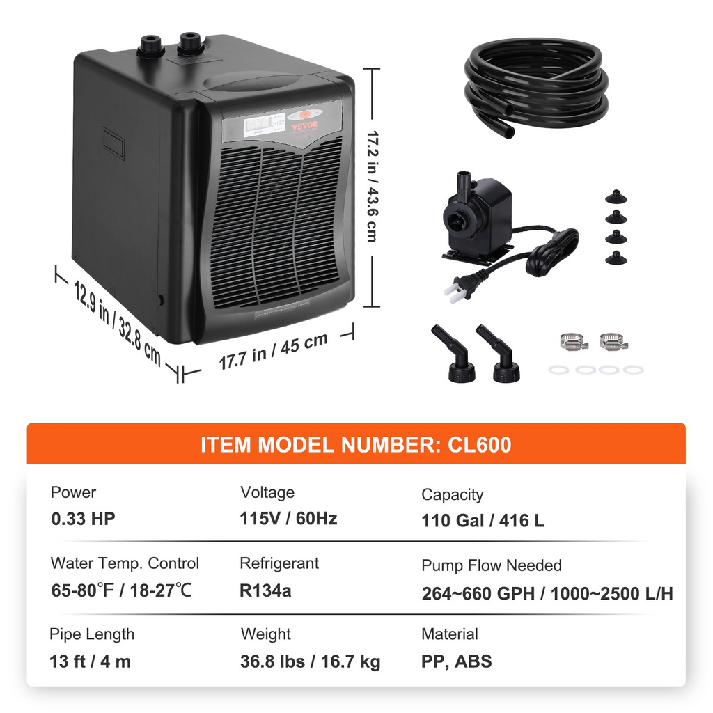 Enfriador de acuario VEVOR 110 galones 416 L hidropónico de 1/3 HP compresor de refrigeración silencioso para agua de mar y agua dulce