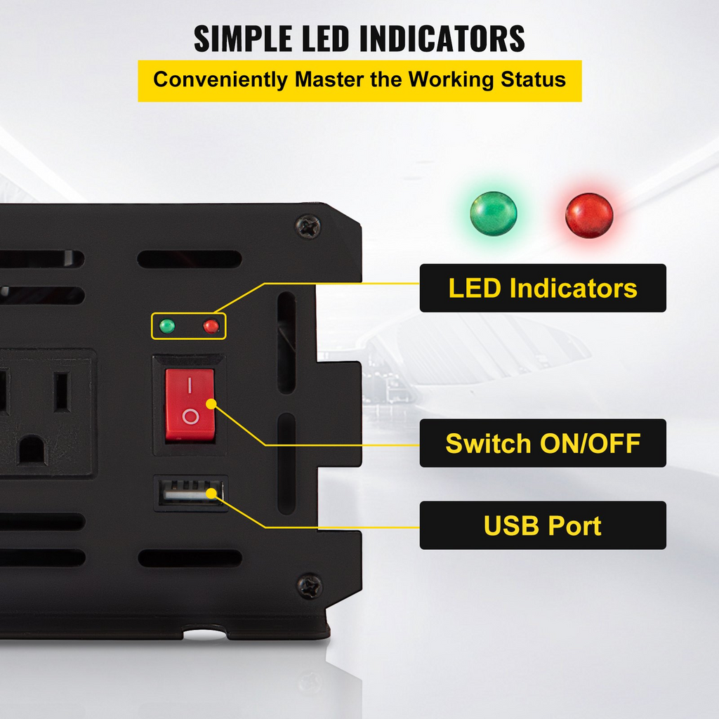 Inversor de corriente VEVOR 1250 W convertidor de CC de 12 V a CA de 120 V para automóvil