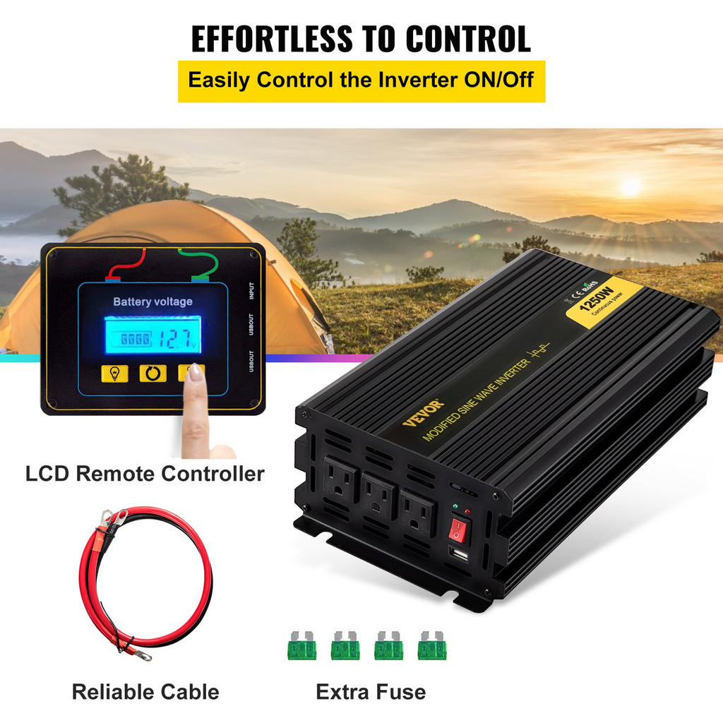 Inversor de corriente VEVOR 1250 W convertidor de CC de 12 V a CA de 120 V para automóvil