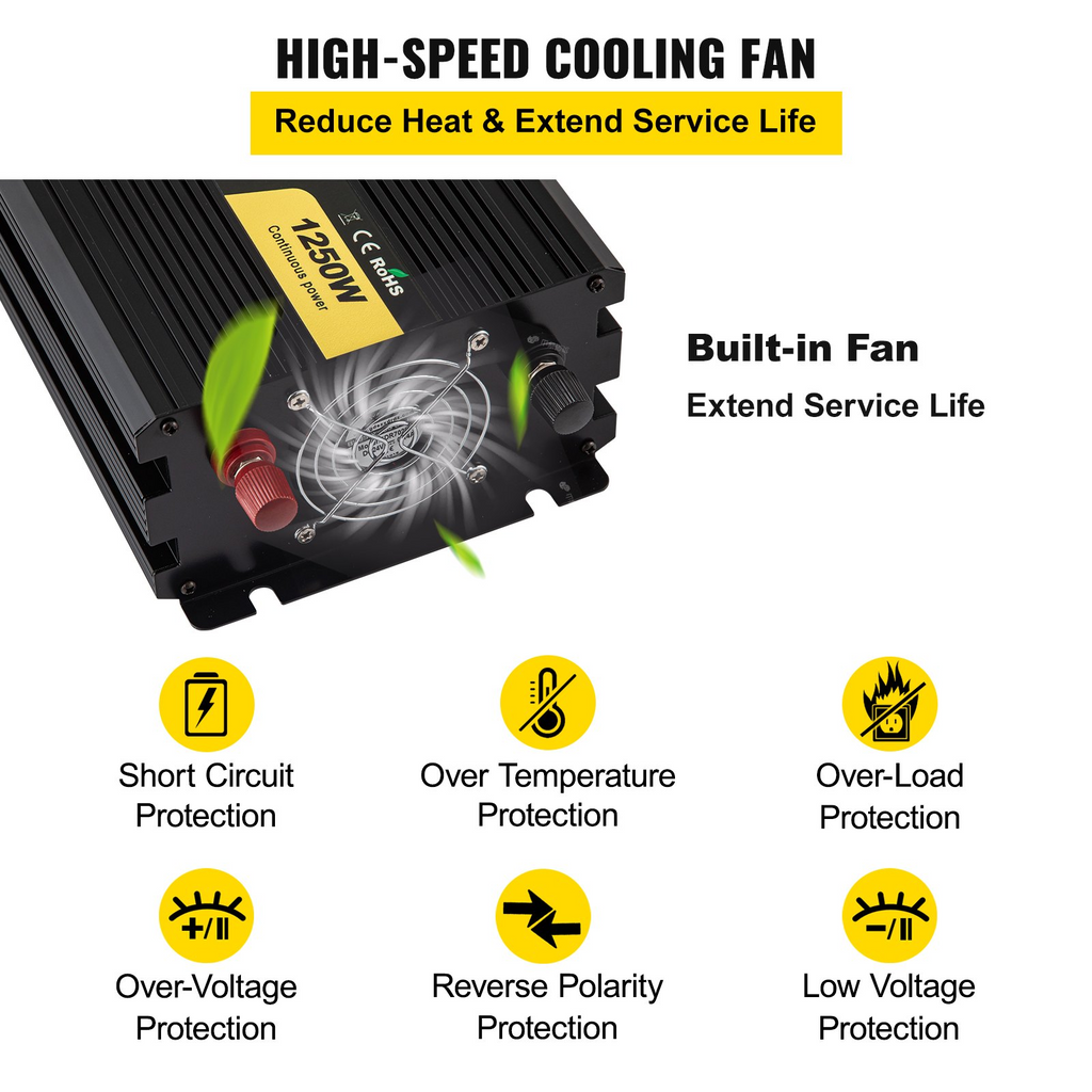 Inversor de corriente VEVOR 1250 W convertidor de CC de 12 V a CA de 120 V para automóvil