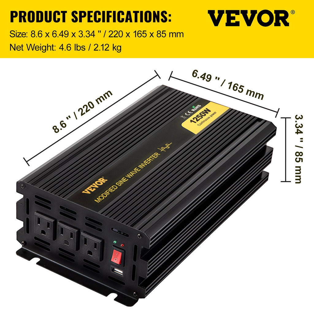 Inversor de corriente VEVOR 1250 W convertidor de CC de 12 V a CA de 120 V para automóvil