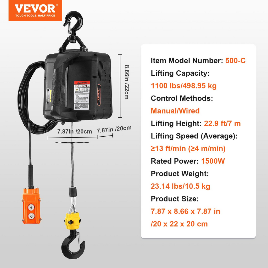VEVOR Cabrestante eléctrico 2 en 1 de 1100 libras de 1500 W elevación de 22,9 pies 13 pies/min