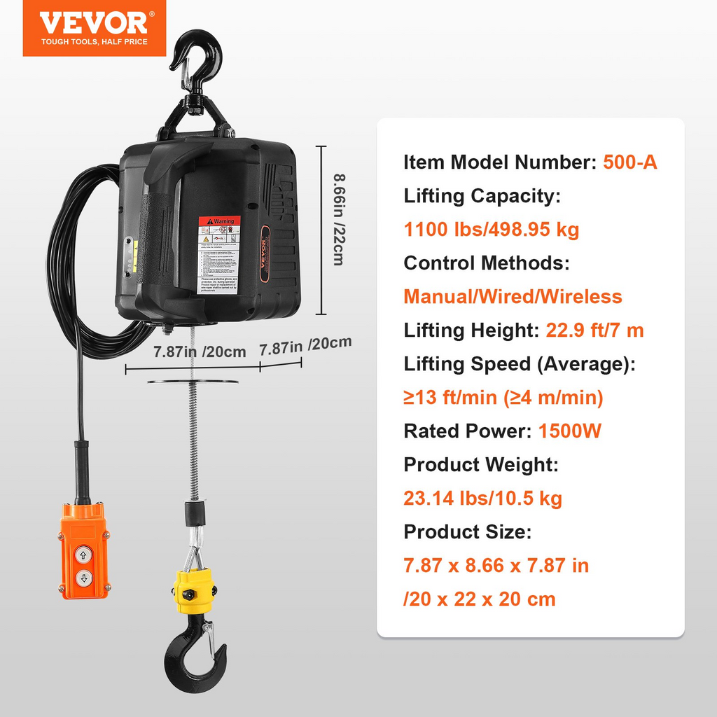Cabrestante eléctrico 3 en 1 VEVOR de 1100 lb y 1500 W altura de elevación de 22,9 pies 13 pies/min