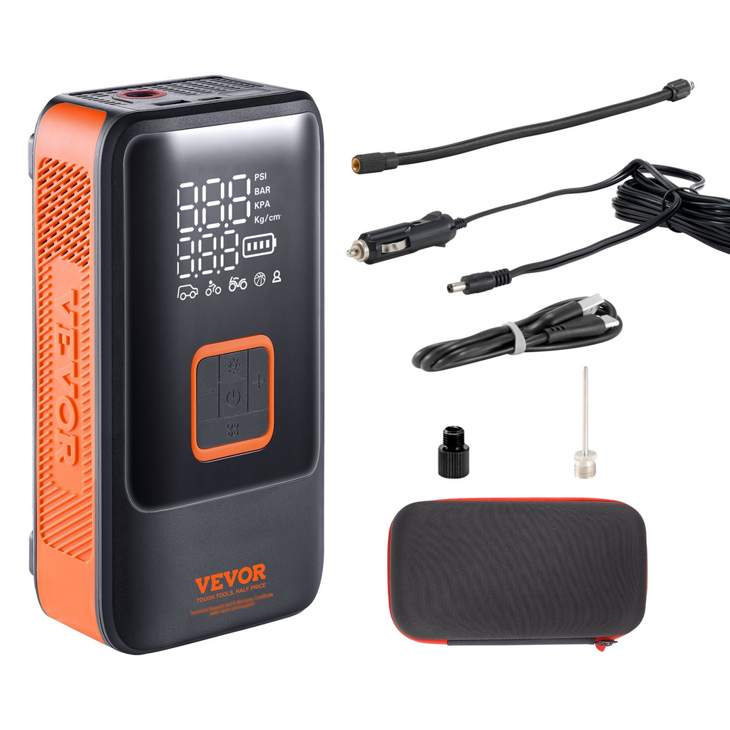 Compresor de aire portátil para inflar neumáticos VEVOR de 12000 mAh con pantalla LCD