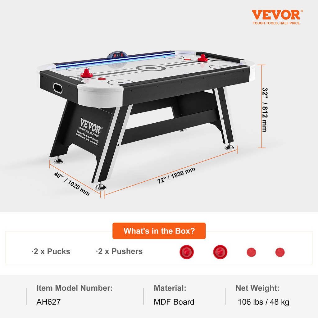 Mesa de hockey de aire VEVOR de 72'' para interior con LED 2 discos 2 empujadores y sistema de puntuación electrónica