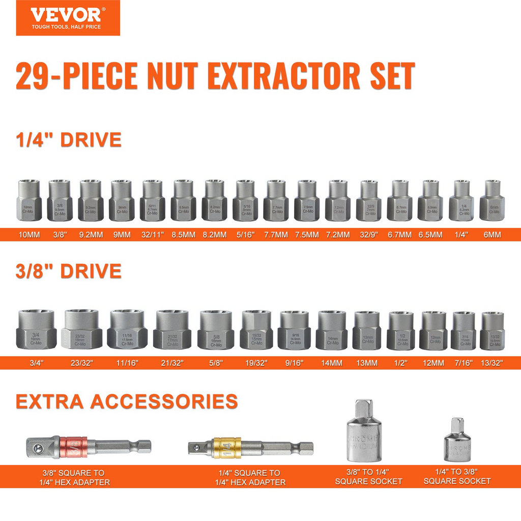 Juego de extractores de pernos VEVOR juego de 29 piezas para quitar pernos y tuercas de 6 mm a 10 mm