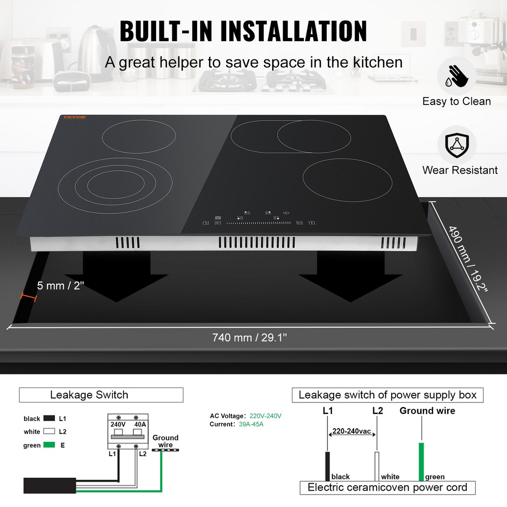 Estufa eléctrica empotrada VEVOR 30,3 x 20,5 pulgadas 4 quemadores de 240 V con control táctil con sensor