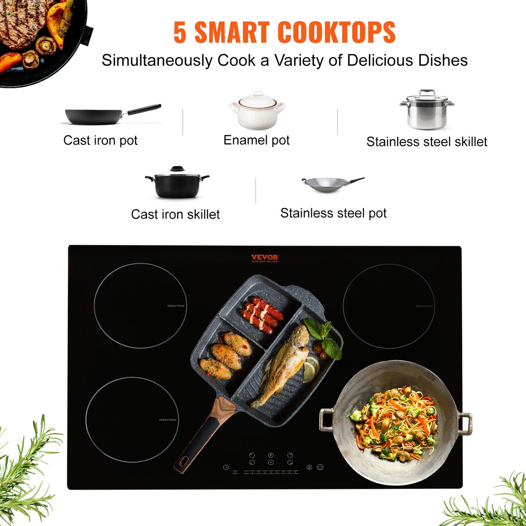 Cocina eléctrica VEVOR 5 quemadores placa de inducción de 30'' placa de cocina magnética incorporada de 9200 W