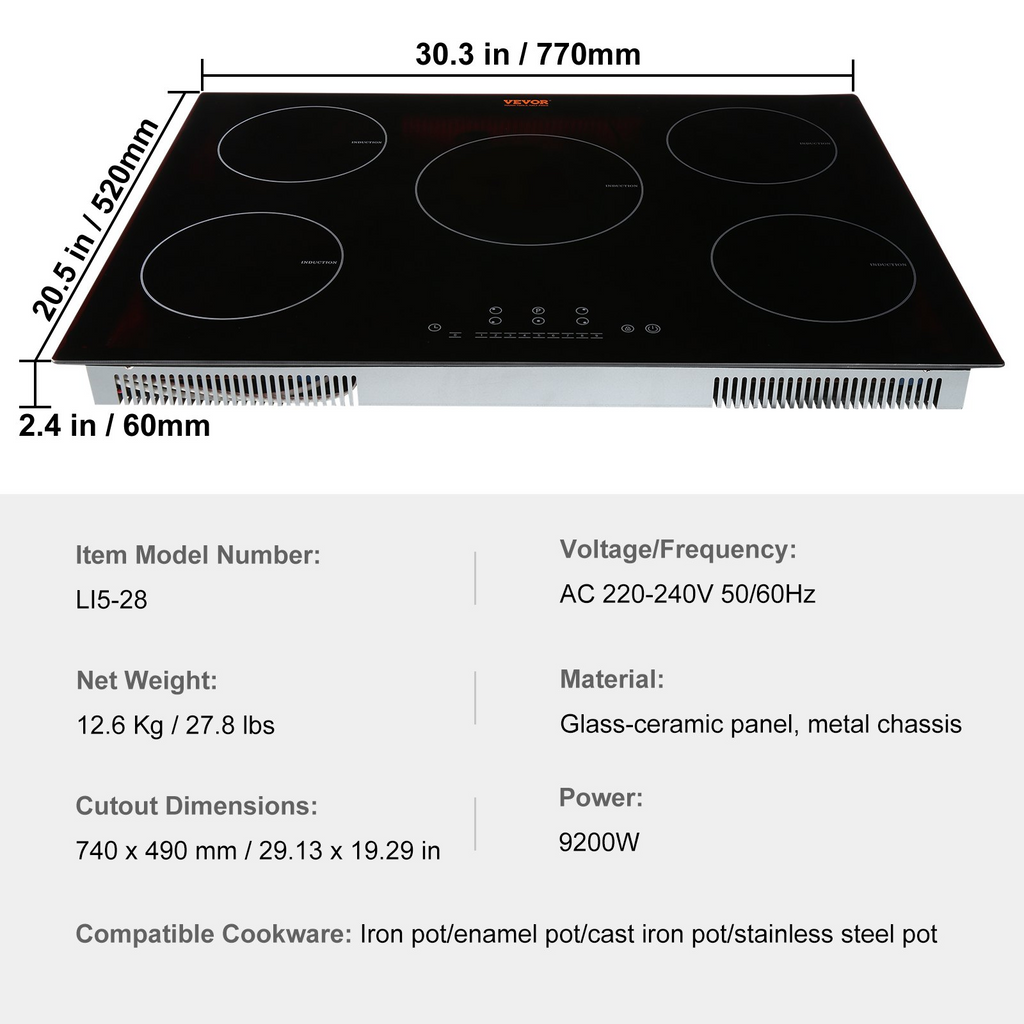 Cocina eléctrica VEVOR 5 quemadores placa de inducción de 30'' placa de cocina magnética incorporada de 9200 W