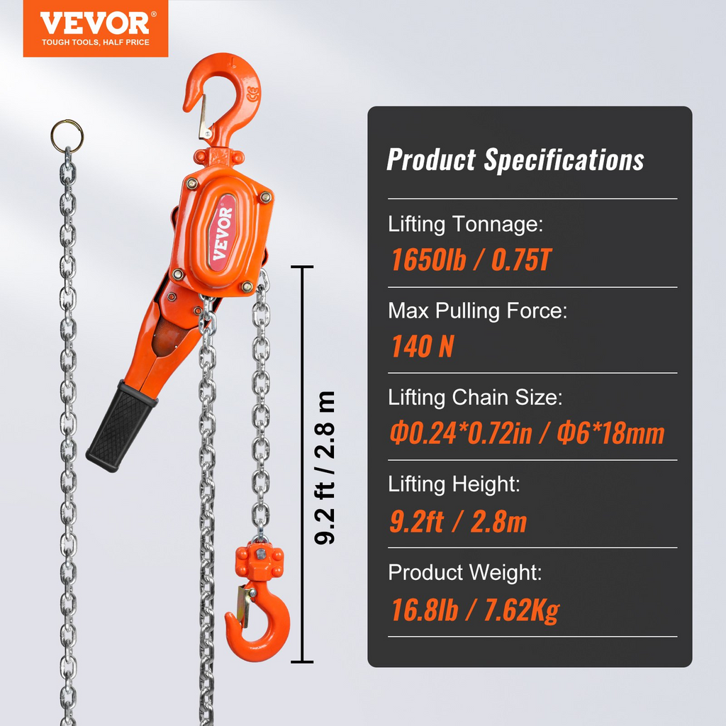 Polipasto de cadena manual VEVOR capacidad de 3/4 toneladas 1650 lb 10 pies