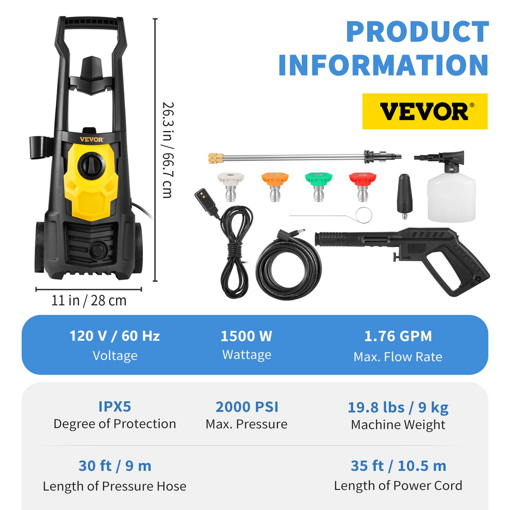 Hidrolavadora eléctrica VEVOR 2000 PSI máx 1,76 GPM con manguera de 30 pies