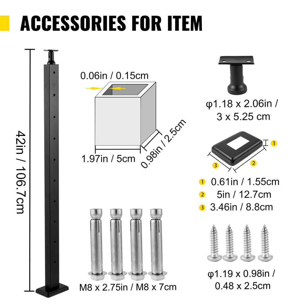 VEVOR Cable Railing Post Level Deck Stair Post 42 x 0.98 x 1.97" Cable Handrail Post Stainless Steel Brushed Finishing Deck Railing Pre-Drilled Pickets with Mounting Bracket Stair Railing Kit Black