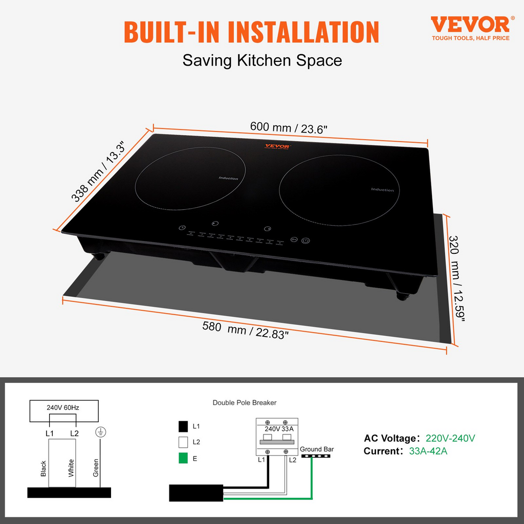 Cocina eléctrica VEVOR 2 quemadores placa de inducción de 24''