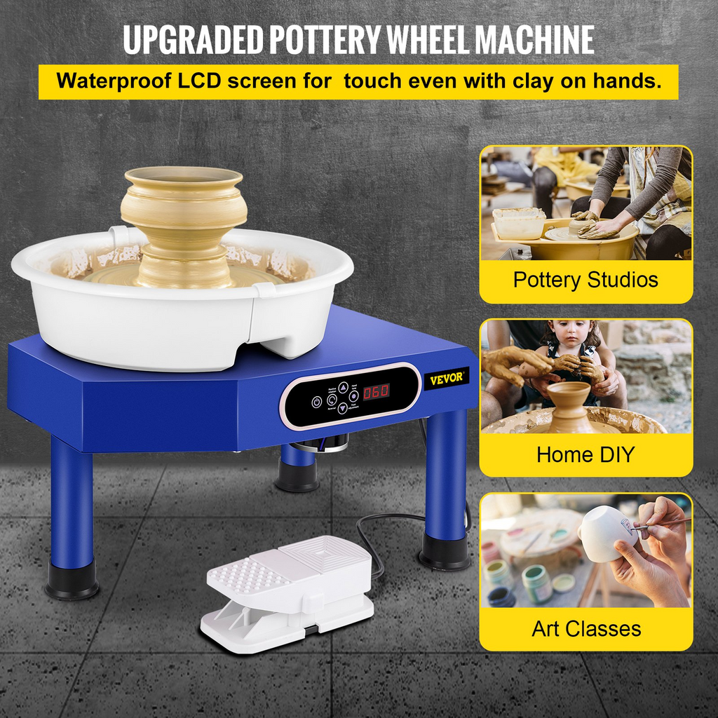 VEVOR torno de alfarería con pantalla táctil LCD de 9,8" herramientas eléctricas de 350 W para esculpir arcilla pedal y cuenco ABS desmontable para adultos y principiantes (azul)