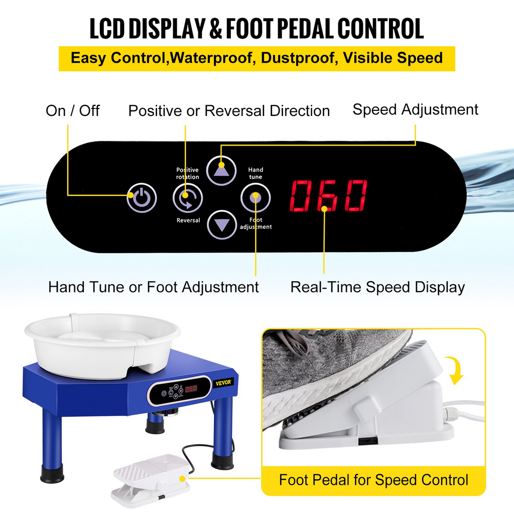 VEVOR torno de alfarería con pantalla táctil LCD de 9,8" herramientas eléctricas de 350 W para esculpir arcilla pedal y cuenco ABS desmontable para adultos y principiantes (azul)