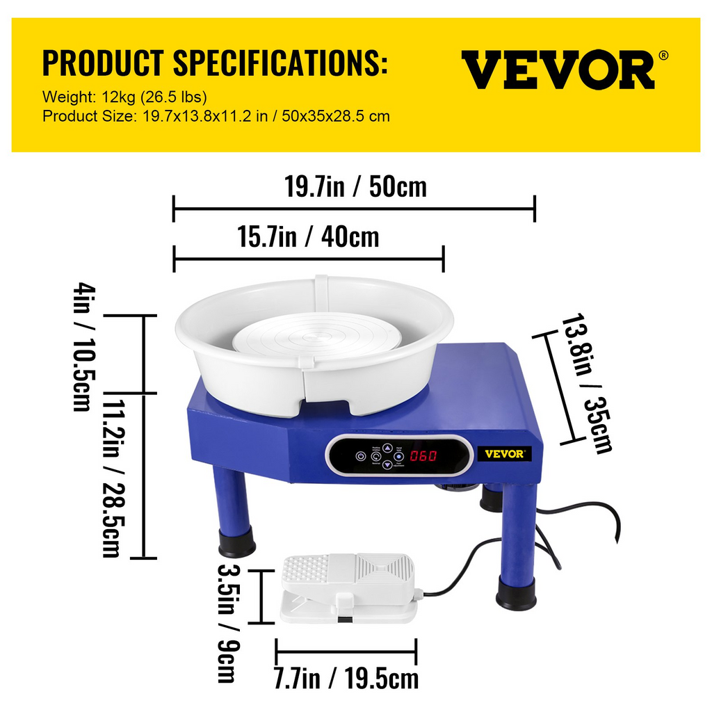 VEVOR torno de alfarería con pantalla táctil LCD de 9,8" herramientas eléctricas de 350 W para esculpir arcilla pedal y cuenco ABS desmontable para adultos y principiantes (azul)