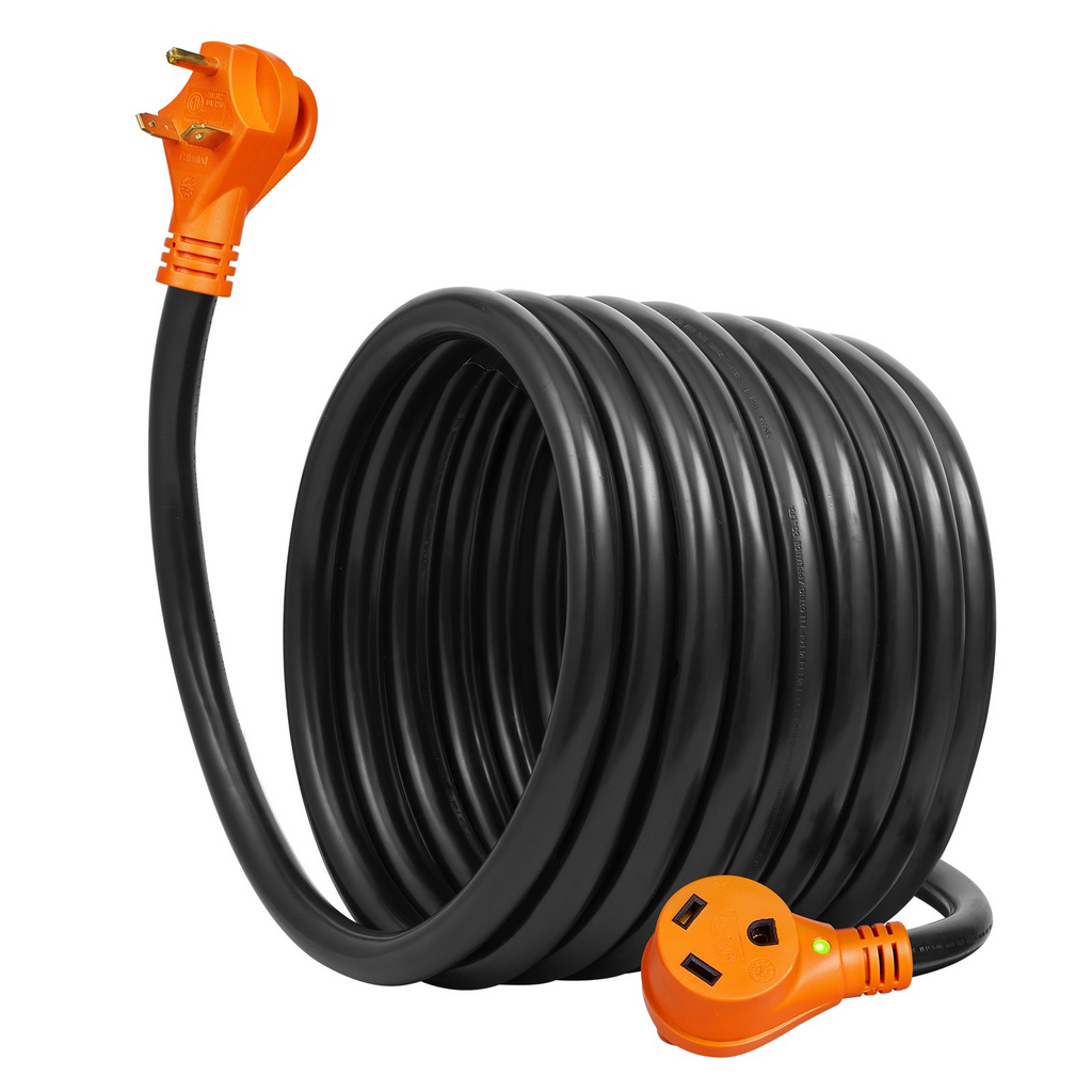 Cable de extensión para vehículos recreativos de 25 pies VEVOR 30 A enchufe hembra NEMA TT-30R enchufe macho NEMA TT-30P con manija con indicador LED