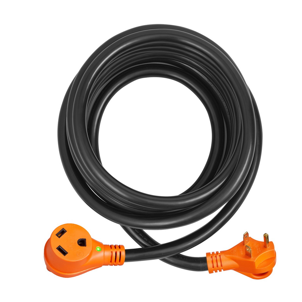 Cable de extensión para vehículos recreativos de 25 pies VEVOR 30 A enchufe hembra NEMA TT-30R enchufe macho NEMA TT-30P con manija con indicador LED