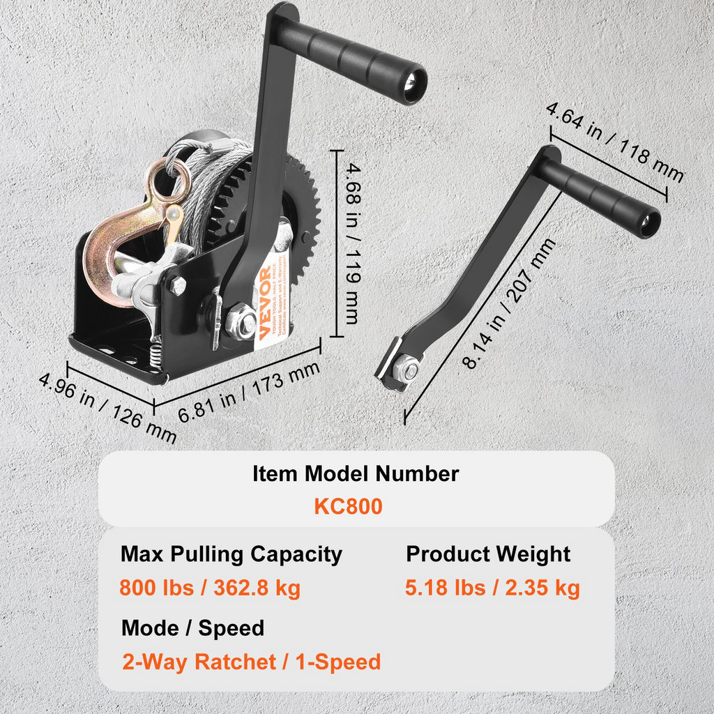 Cabrestante manual VEVOR capacidad de tracción de 800 lb
