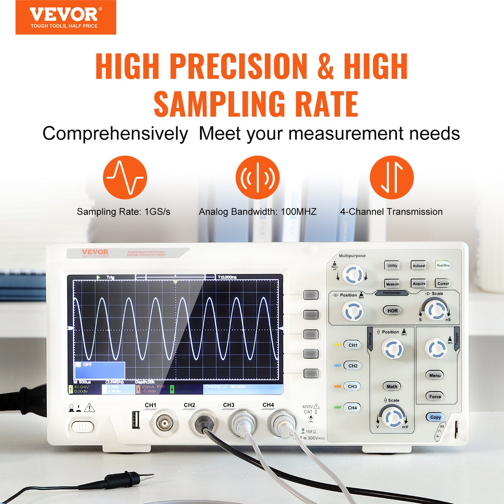 Osciloscopio digital VEVOR 1GS/S 100 MHz 4 canales pantalla a color 7 pulgadas 30 funciones de medición automática para pruebas de circuitos electrónicos