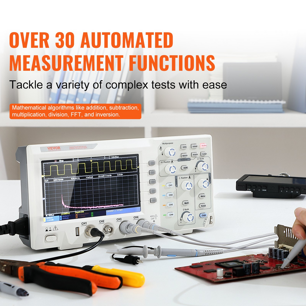 Osciloscopio digital VEVOR 1GS/S 100 MHz 4 canales pantalla a color 7 pulgadas 30 funciones de medición automática para pruebas de circuitos electrónicos