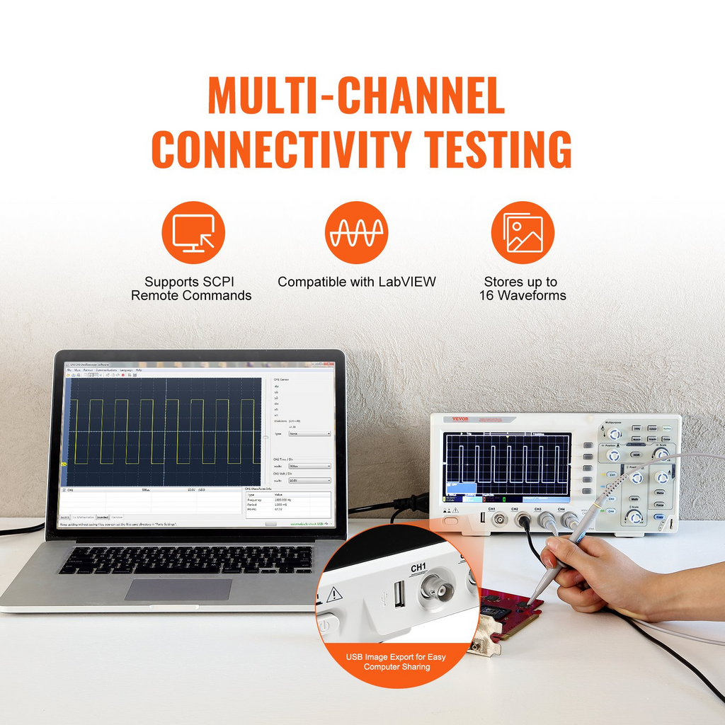 Osciloscopio digital VEVOR 1GS/S 100 MHz 4 canales pantalla a color 7 pulgadas 30 funciones de medición automática para pruebas de circuitos electrónicos