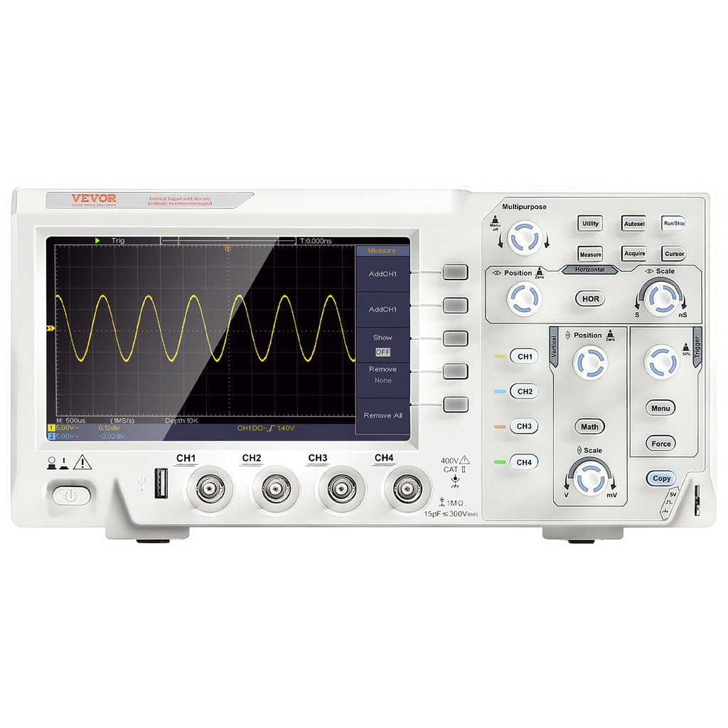 Osciloscopio digital VEVOR 1GS/S 100 MHz 4 canales pantalla a color 7 pulgadas 30 funciones de medición automática para pruebas de circuitos electrónicos