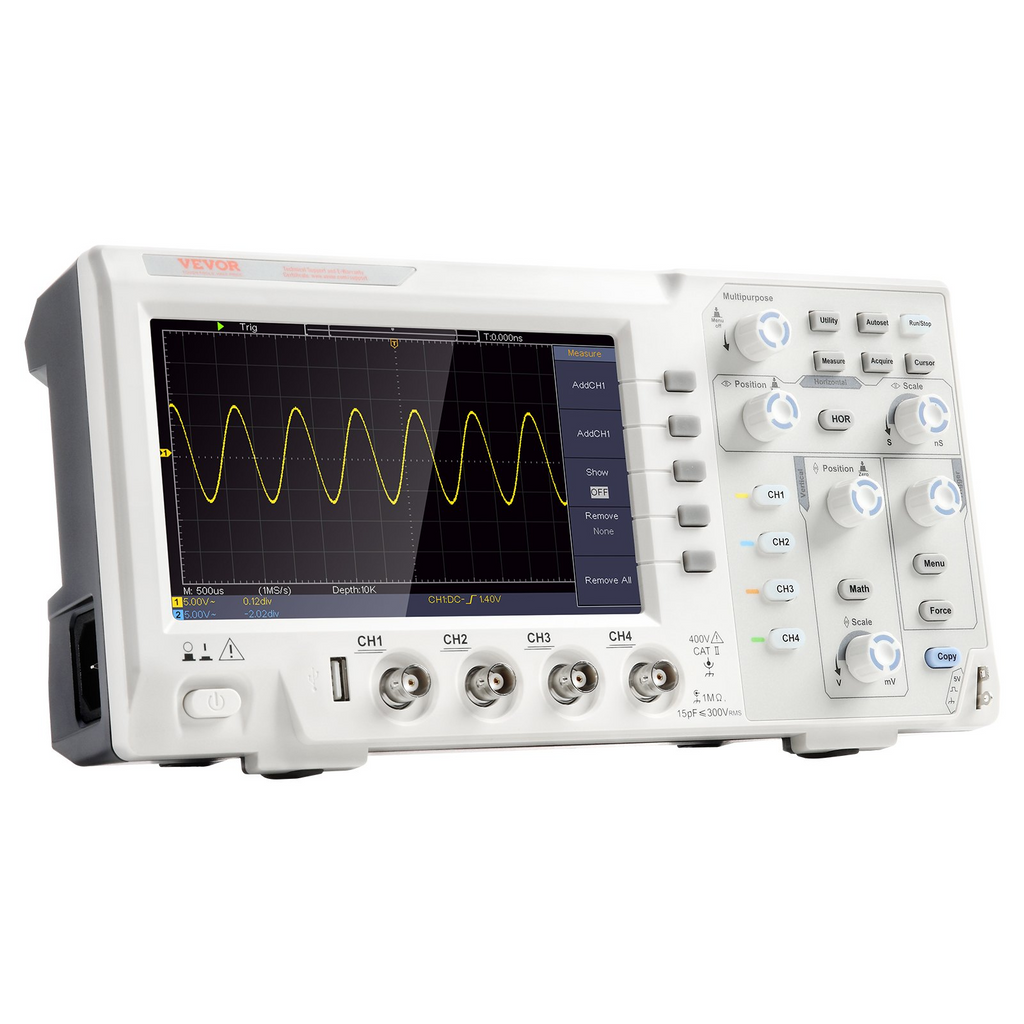 Osciloscopio digital VEVOR 1GS/S 100 MHz 4 canales pantalla a color 7 pulgadas 30 funciones de medición automática para pruebas de circuitos electrónicos