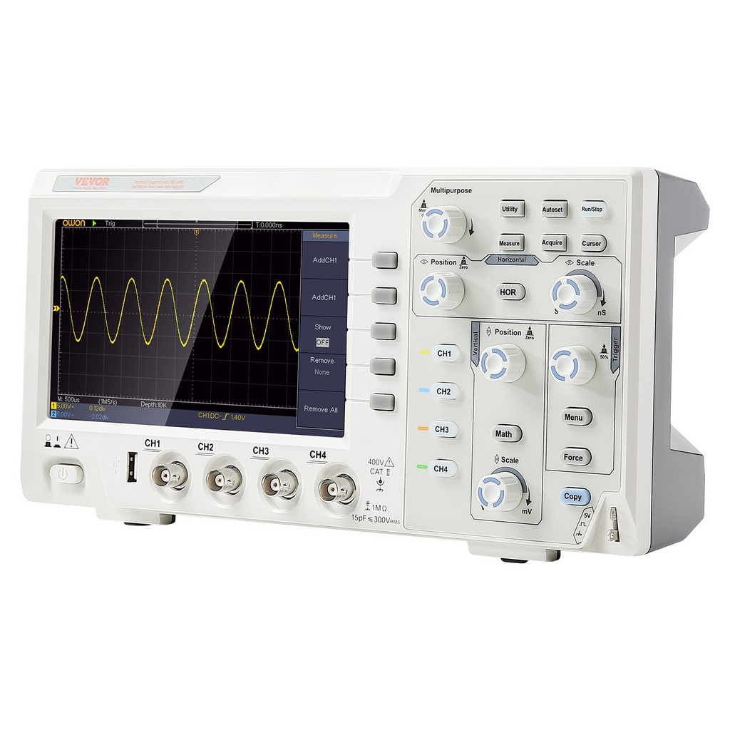 Osciloscopio digital VEVOR 1GS/S 100 MHz 4 canales pantalla a color 7 pulgadas 30 funciones de medición automática para pruebas de circuitos electrónicos