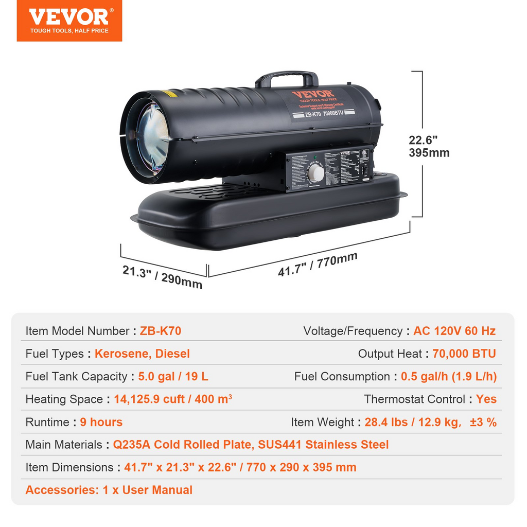 Calentador de aire forzado a queroseno VEVOR 70000 BTU 5 galones