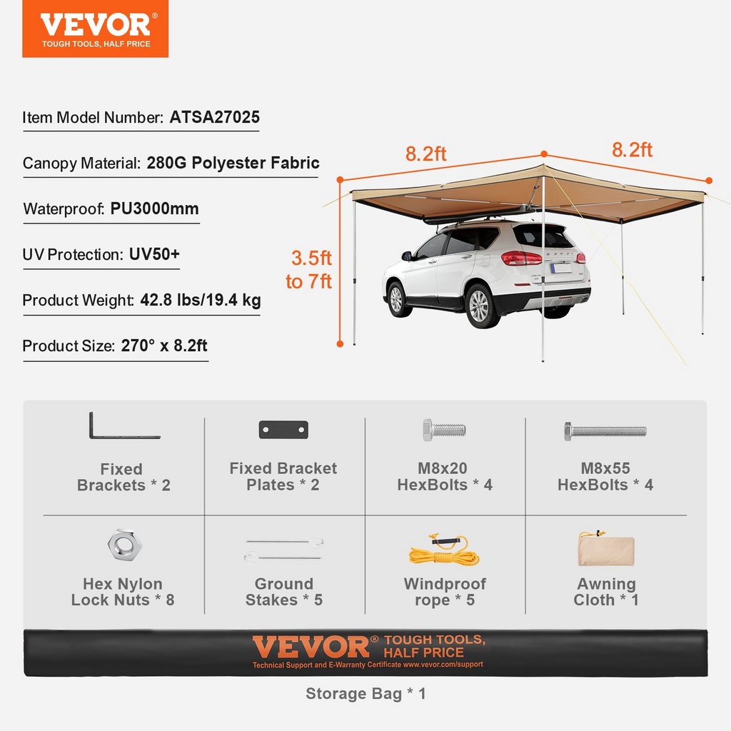 Toldo retráctil para vehículo VEVOR de 270 grados y 8,2 pies de altura