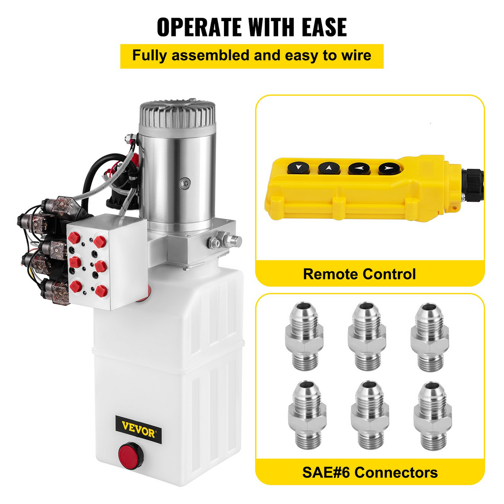 bOMBA HIDRAULICA Kit de control de remolque volquete de doble acción de 6 vías y bomba hidráulica de 12 V y 6 cuartos de galón