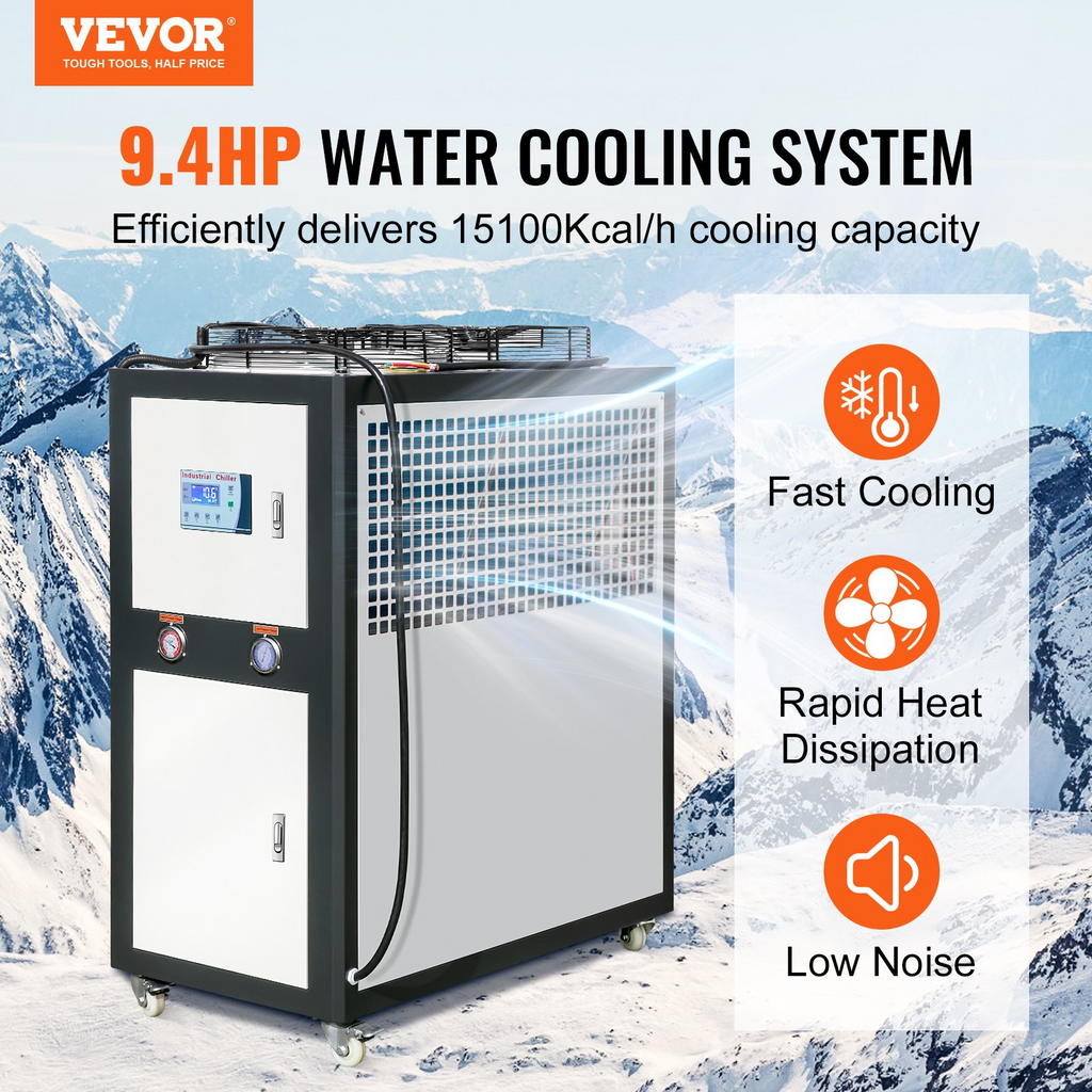Enfriador de agua industrial VEVOR refrigerado por aire de 16 galones y 9,4 HP capacidad de enfriamiento de 15 100 Kcal/h con condensador con aletas control por microcomputadora tanque de agua de 60 L