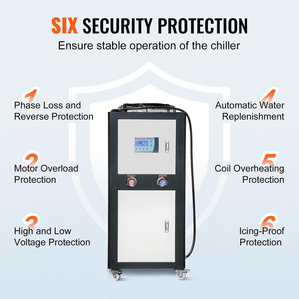 Enfriador de agua industrial VEVOR refrigerado por aire de 16 galones y 9,4 HP capacidad de enfriamiento de 15 100 Kcal/h con condensador con aletas control por microcomputadora tanque de agua de 60 L