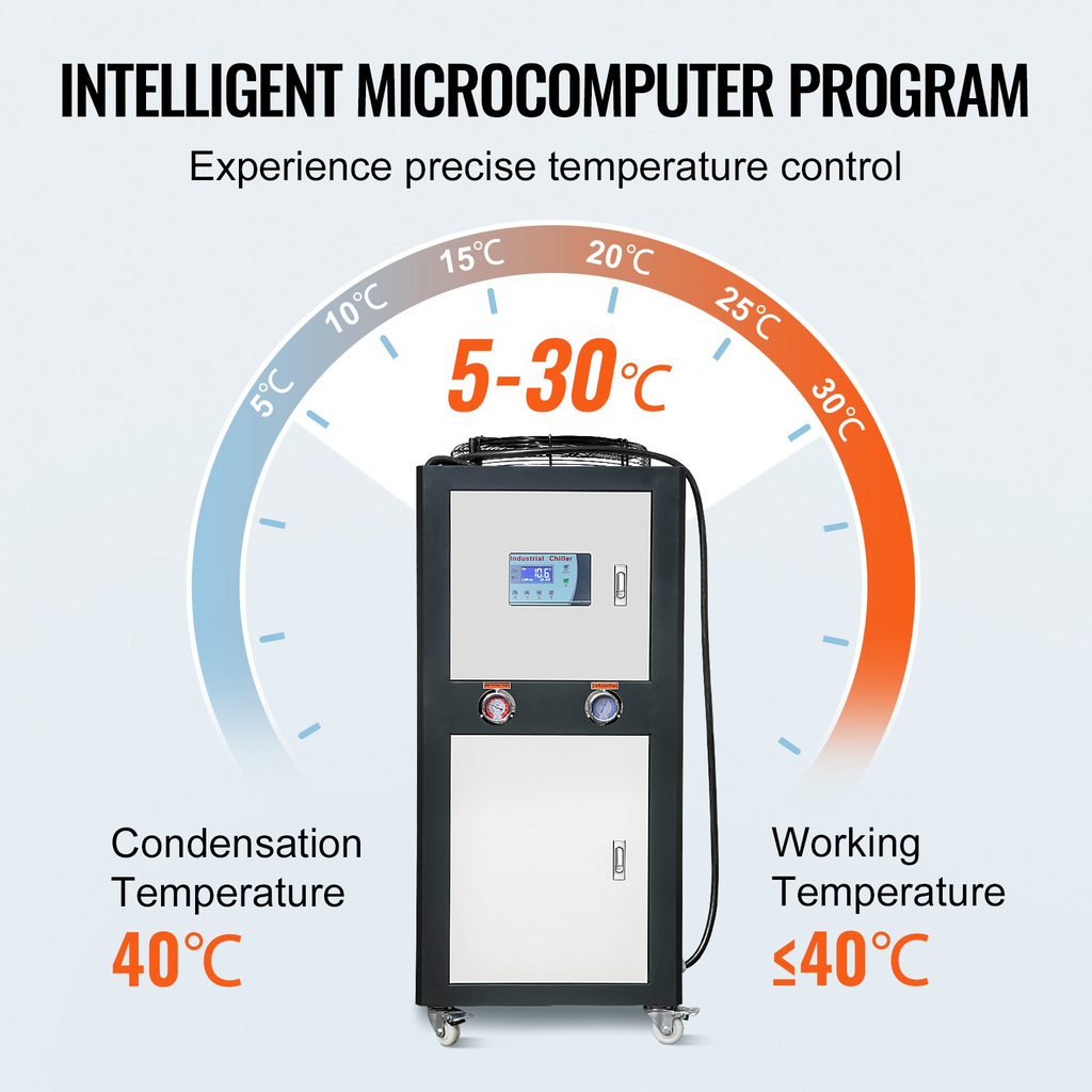Enfriador de agua industrial VEVOR refrigerado por aire de 16 galones y 9,4 HP capacidad de enfriamiento de 15 100 Kcal/h con condensador con aletas control por microcomputadora tanque de agua de 60 L