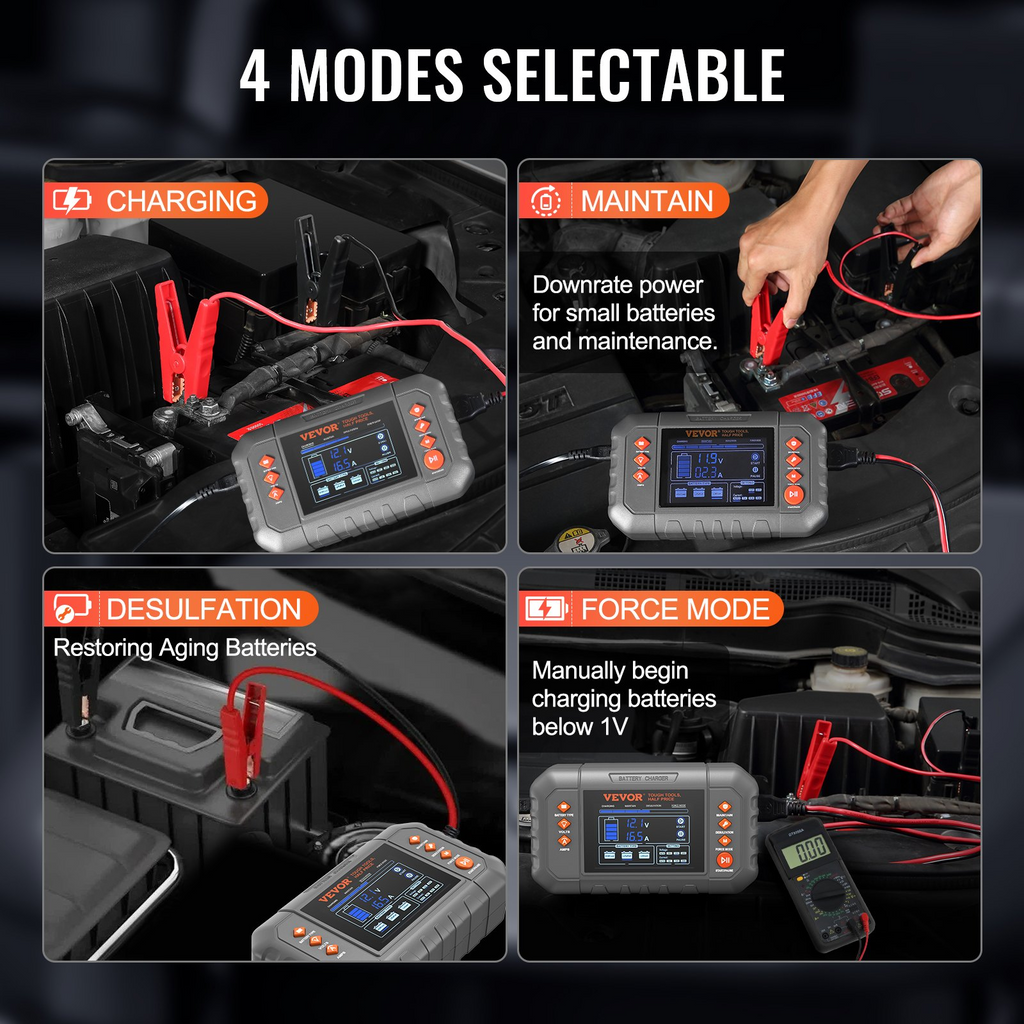 Cargador de batería inteligente VEVOR 20 A de batería de plomo-ácido de litio LiFePO4 (AGM/Gel/SLA) para automóvil con pantalla LCD