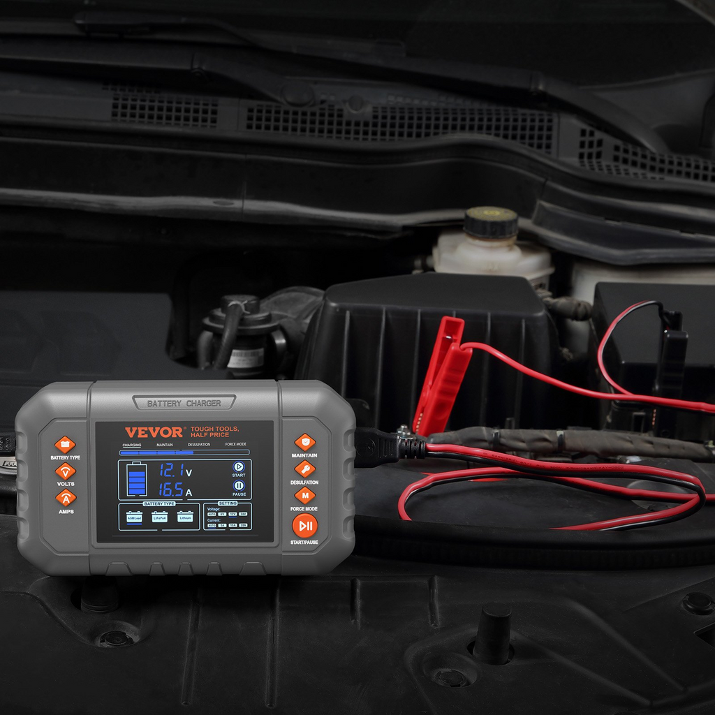 Cargador de batería inteligente VEVOR 20 A de batería de plomo-ácido de litio LiFePO4 (AGM/Gel/SLA) para automóvil con pantalla LCD