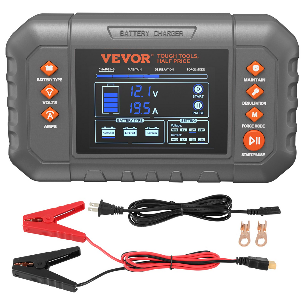 Cargador de batería inteligente VEVOR 20 A de batería de plomo-ácido de litio LiFePO4 (AGM/Gel/SLA) para automóvil con pantalla LCD