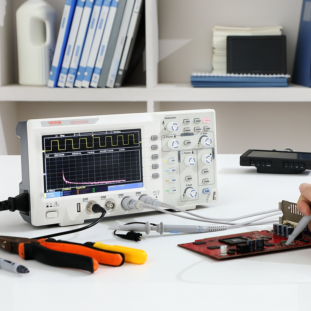 Osciloscopio digital VEVOR 1GS/S 100 MHz 4 canales pantalla a color 7 pulgadas 30 funciones de medición automática para pruebas de circuitos electrónicos